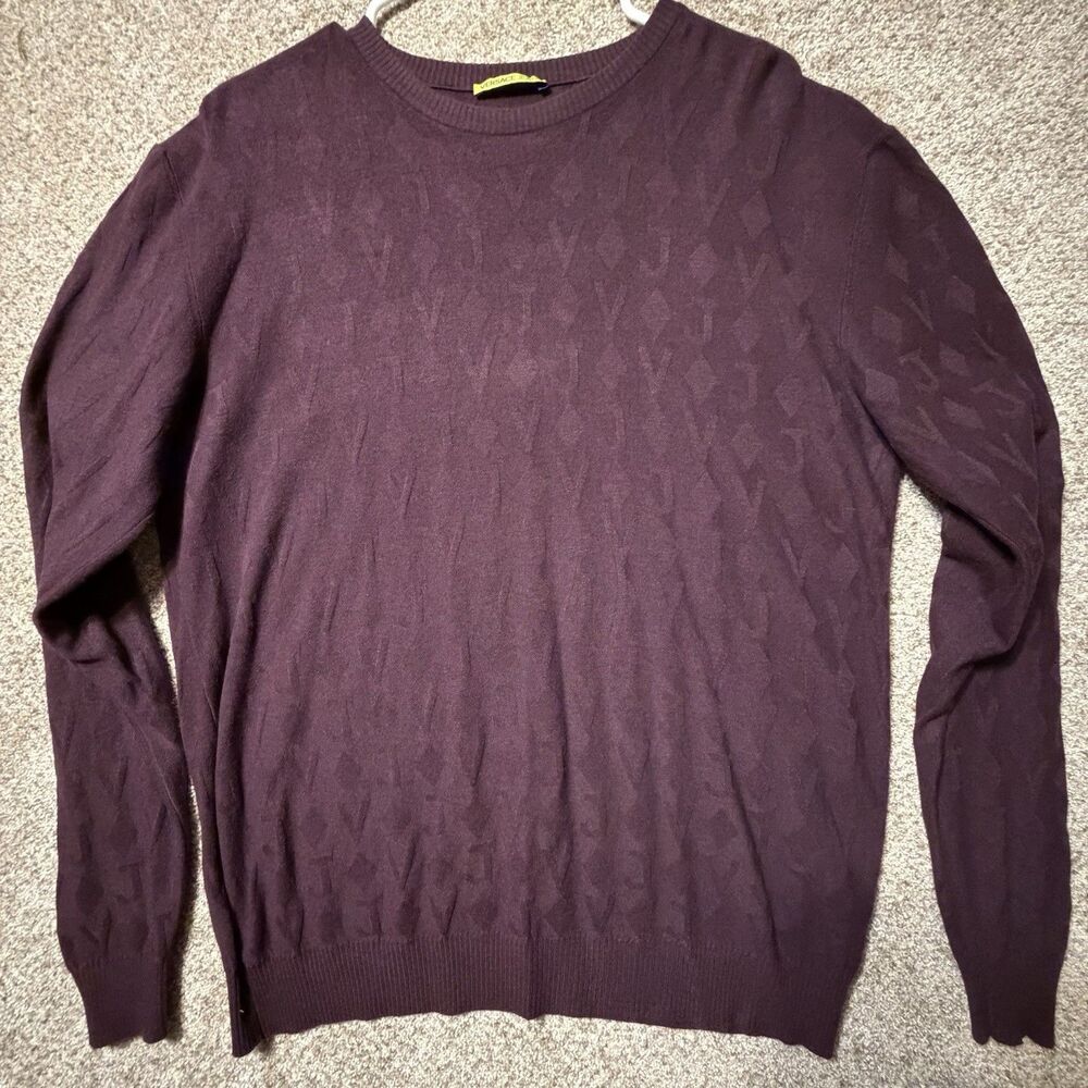 Versace Jeans Men’s Textured Diamond Knit Crewneck Sweater Plum Purple XXL